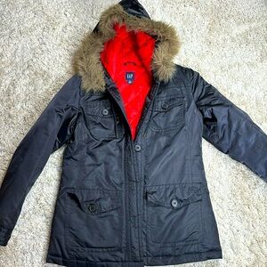 Women's Gap Hooded Jacket w/Detachable Faux Fur Liner, Black/Red, Size XS